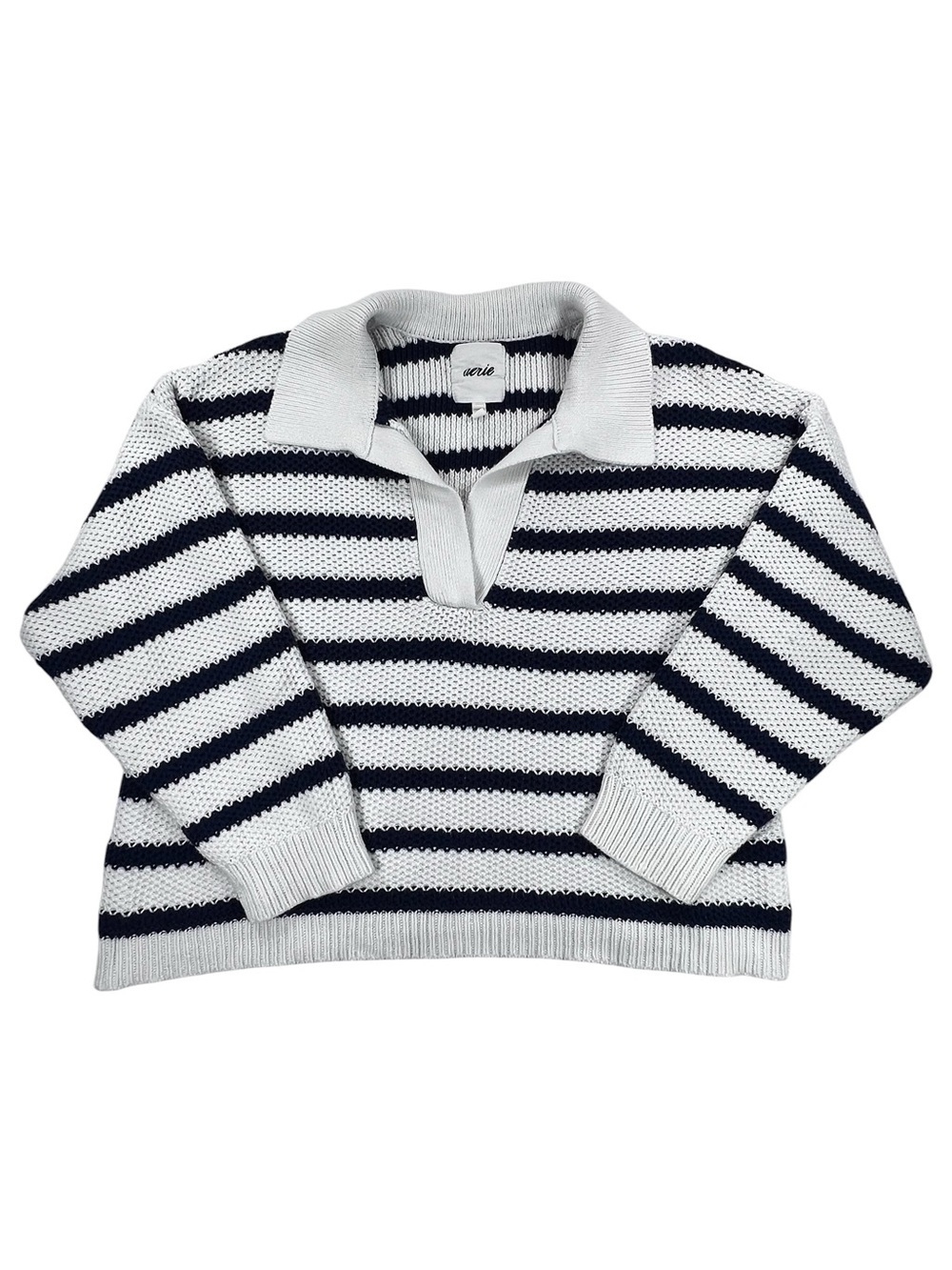 Aerie Open Knit Polo Collar Striped Sweater White Navy Long Sleeve 100% Cotton